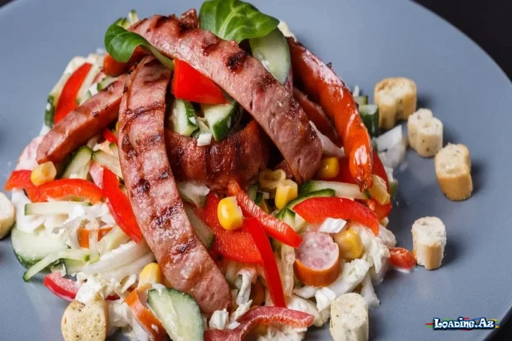 Kolbasa, qarğıdalı, xiyar, yumurta və krutonlu SALAT - LoaDinG.Az